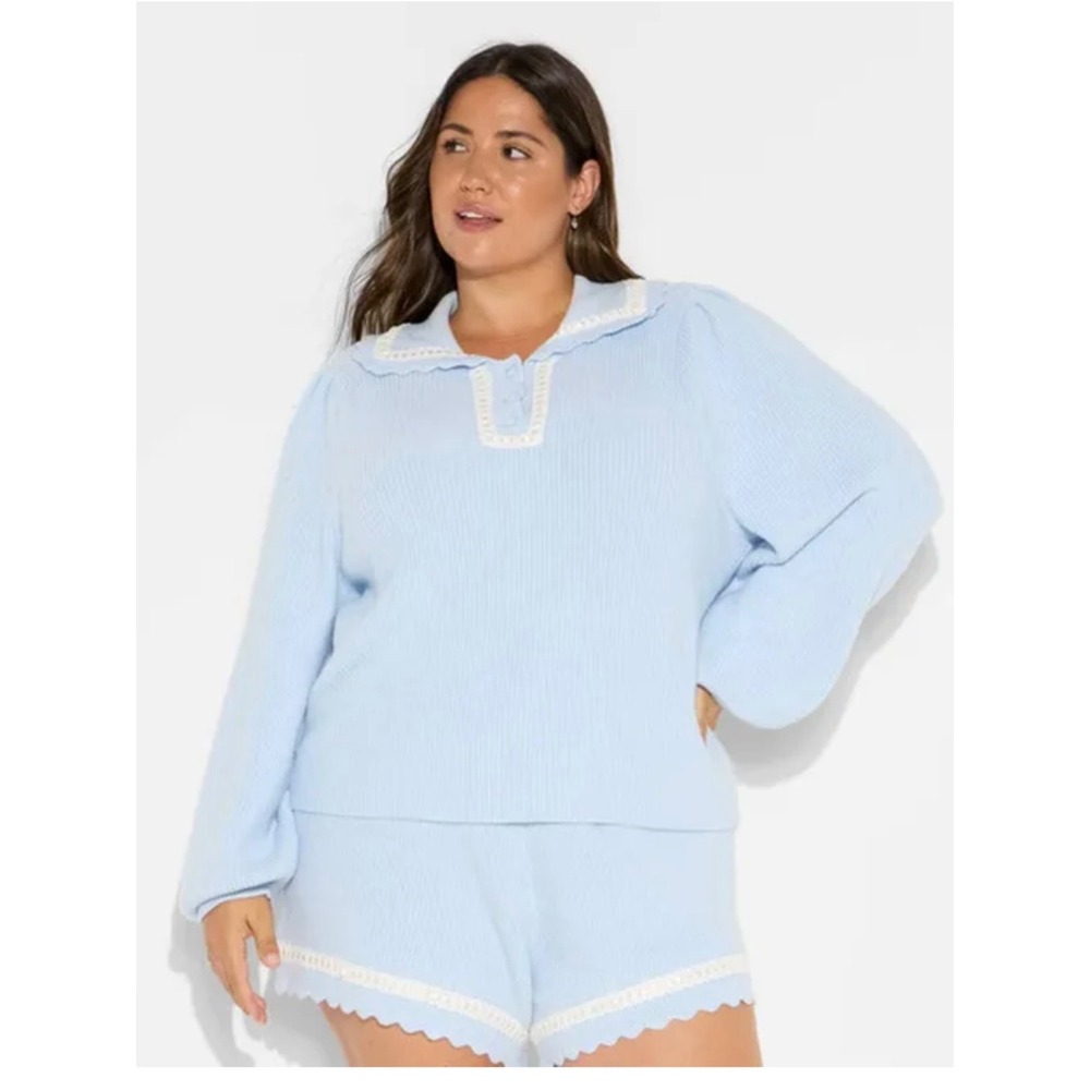 Wild Fable Light Blue Scalloped Lace Trim Ribbed Knit Sweater 3X NWT